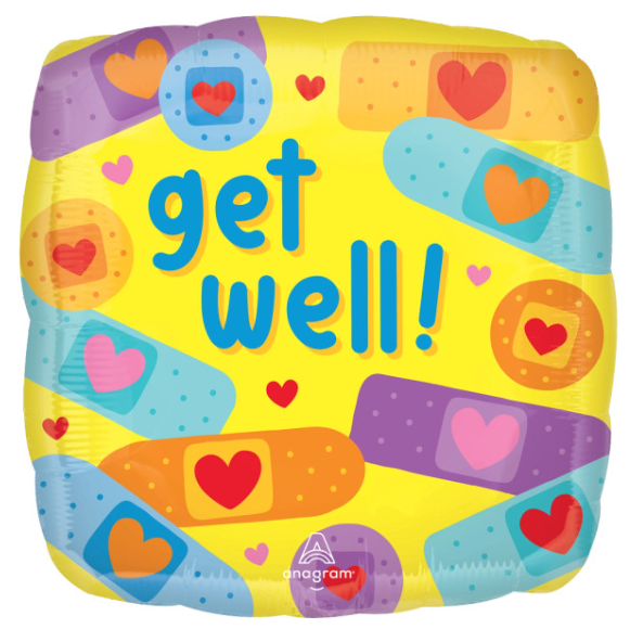 18” Get Well metallic balloon inflated.